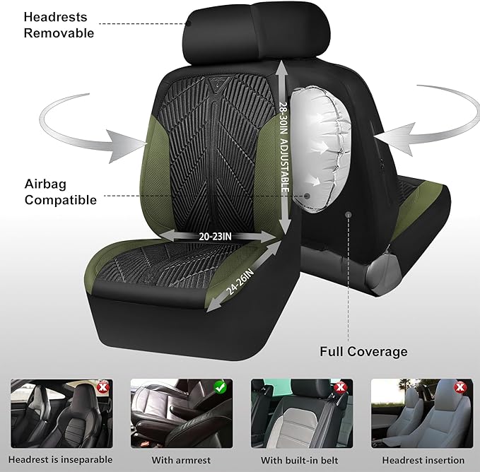 CAR PASS Waterproof Car Seat Covers Front Seats Covers Neoprene Wetsuit, All-Weather Non-Slip Durable,Universal Fit for SUV Sedans Trucks Vans Automotive,Armrest Airbag Compatible,Emboss 2 Black Green