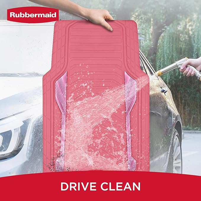 Rubbermaid Car Floor Mat, Heavy Duty All-Weather Car Mats Full Set with Dual-Tone Pink and Sliver Aluminum Inserts – Universal Fit, Anti-Slip Backing, Trim-to-Fit for Most SUV, Sedan, Van