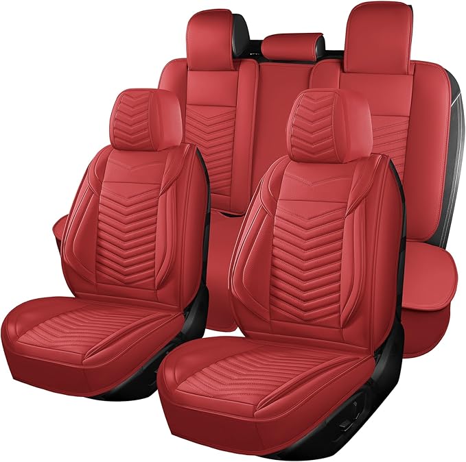 Nappa Leather Car Seat Covers Full Set, Red Car seat Protector 5 Seats, Waterproof Car Seat Cushion, Universal Automotive Seat Covers Fit for SUV Truck Pick-up Sedan, Front and Rear