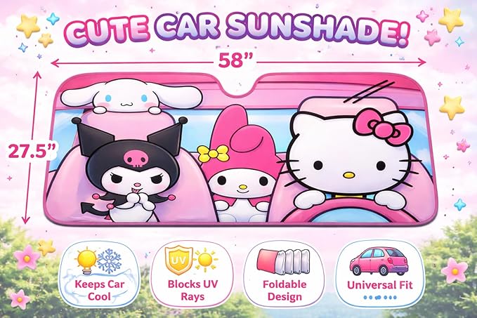 Hello Kitty Car Shade | Hello Kitty Sunshade Car | Carshade Auto Front Windshield Kawaii Kitty Sunshade | 58" X 27.5" | Fits Most Standard Windshields | Officially Licensed