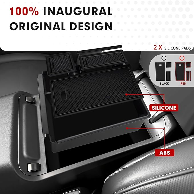 Autorder Center Console Organizer for 2022-2026 Hyundai Santa Cruz Accessories Car Armrest Storage Box Middle Console Tray Container with Black & Red Non-Slip Silicone Mats