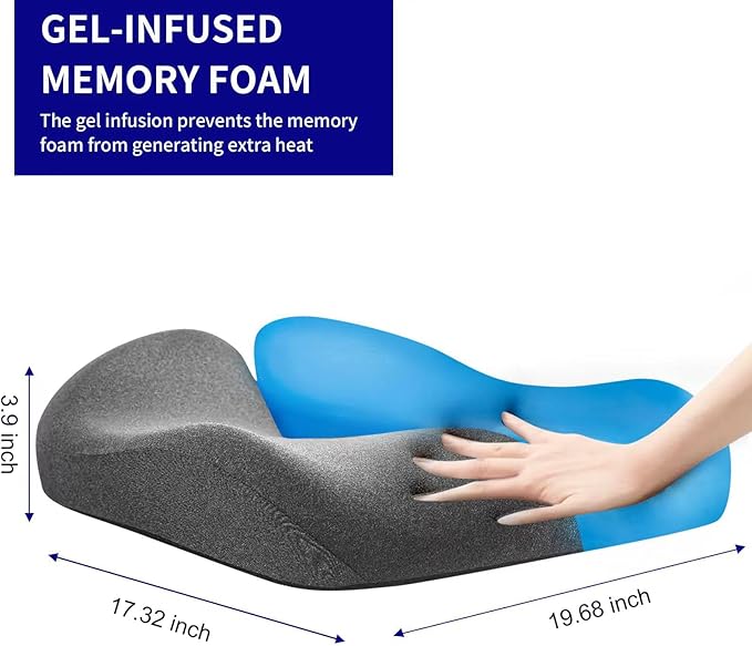 SupremeComfort X-Large Gel Infused Memory Foam Seat Cushion for Office Chair, Kitchen Chair, Car Seats- Elevate Your Seating Experience -Pressure Sore and Tailbone Pain Relief