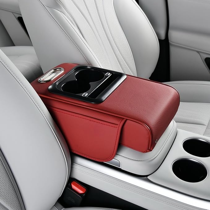 Armrest Box Pad for Car w/Type-C Charging Interface, Car Center Console Cover w/Cup Holder, Interior Car Accessories (Burgundy)