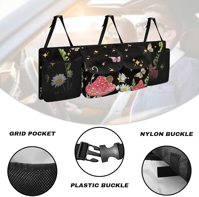 Butterfly Mushroom Car Backseat Trunk Organizer Daisy Stars Hanging Cargo Bag Multipurpose Trunk Storage Bag with 3 Adjustable Buckles