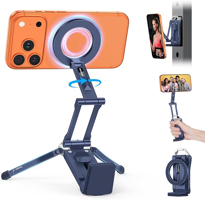 OMOTON TP02 360°Rotating for MagSafe Tripod Mount, Adjustable Aluminum Magnetic Phone Tripod for iPhone 17/16/15/14 Pro Max Air, Foldable Cell Phone Stand Fits Vlog, Gym, Travel Essentials, Navy Blue