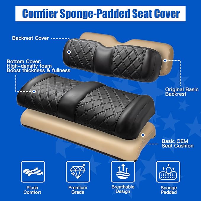NOKINS Golf Cart Diamond Seat Covers Kit with Sponge Padding - Fit for Most OEM Standard Front Seats, OEM Standard Seat Upgrade Seat Covers (Fit for EZGO TXT 1994-2013/EZGO RXV)
