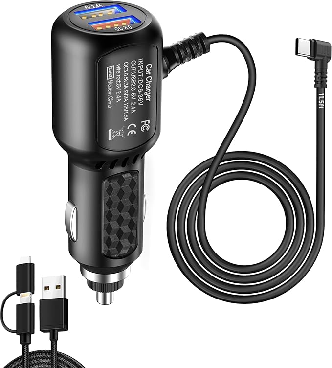 Dash Cam Charger USB C, Type C Car Charger, Dual Port Dashcam Power Adapter, Fast Charging Cord for REDTIGER F7N, Vantrue N4, WOLFBOX Dashcam (11.5FT)
