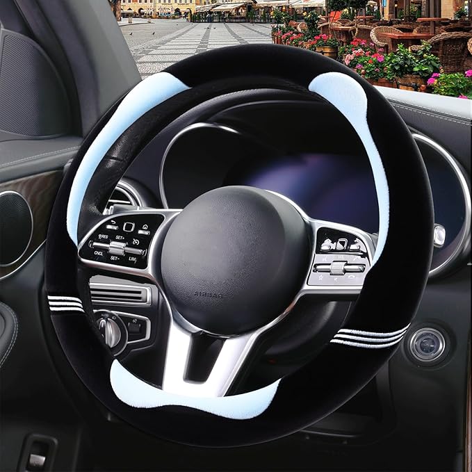 Furry Cute Steering Wheel Cover, Soft Fluffy Short Plush Auto Accessories, Non-Slip Cold-Proof Sweat-Proof Colorfast, Universal 15 inch(Black with Blue)