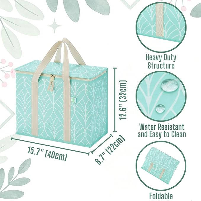 VENO 2 Pack Cooler Bag, Insulated Grocery Bags for Food Delivery, Collapsible Cooler, Reusable Shopping Bags for Groceries, Hard Bottom, Zippered, Foldable (Evergreen, 2 Pack)