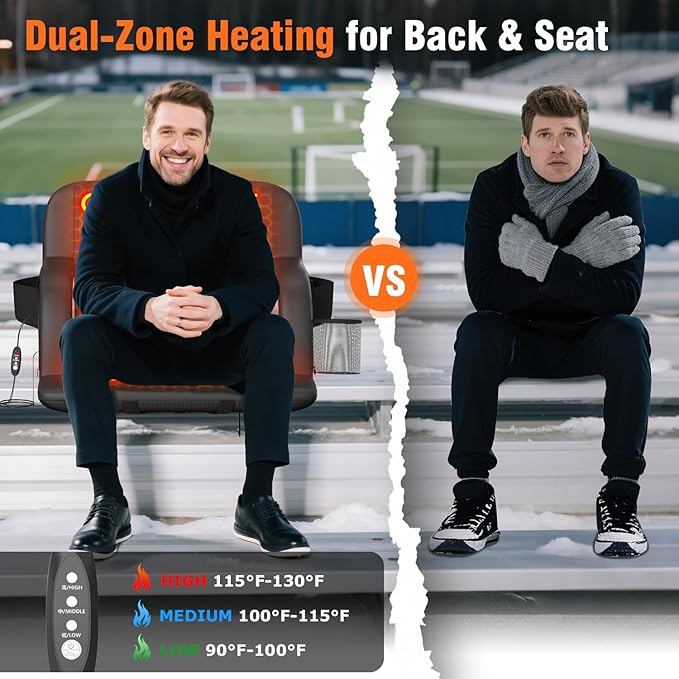 Suteck Dual-Side Heated Stadium Seats with Back Support, Wide Portable Stadium Chair, Foldable Bleacher Chair W/USB 3-Level Heating, 5 Storage Pockets for Outdoor Bleachers Camping Games