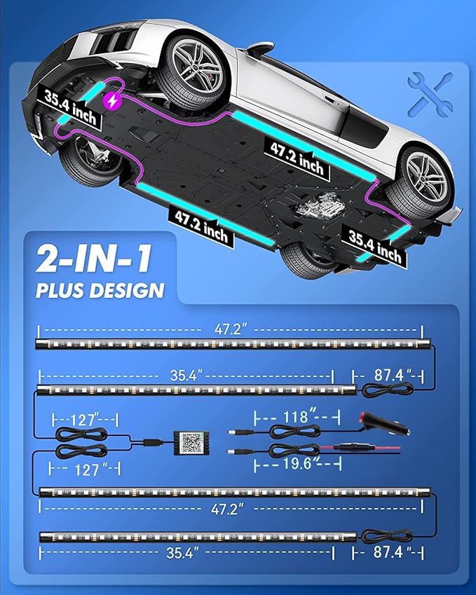 Smart RGB Car Underglow Kit with App & RF Remote - IP67 Waterproof, 16 Million Color LED Light Strips, Music Sync, Universal Fit for All Cars, Trucks, Vans - 12V DC Exterior Lighting