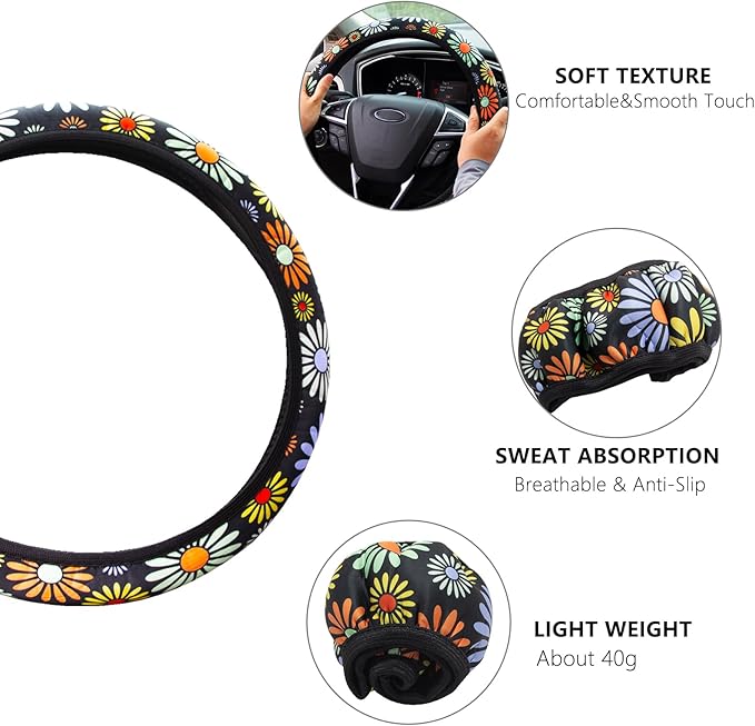 Steering Wheel Cover for Women Boho Universal Steering Wheel Covers Protector Car Accessories for Car 15 inch (Sunflower)