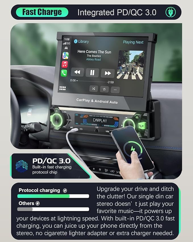 【SOOEMAKA】 Single Din Touchscreen Radio with Wireless Carplay&Android Auto,7 inch QLED Motorized Flip Out Car Stereo Upgrade PD/QC 3.0 Type-C Fast Charging/Dual WiFi/Bluetooth 5.1/AM/FM/DSP (Flip)