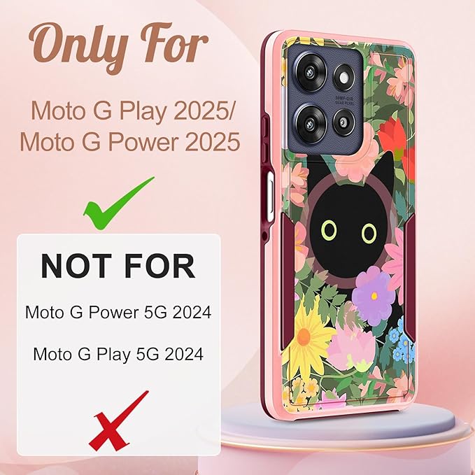LISEVOfor Moto G Power 2025 Case - for Motorola Moto G Play 2025 Case Compatible with MagSafe Women Cute Girls Magnetic Protective Phone Cover Girly Cat Flower Floral Heavy Duty Shockproof