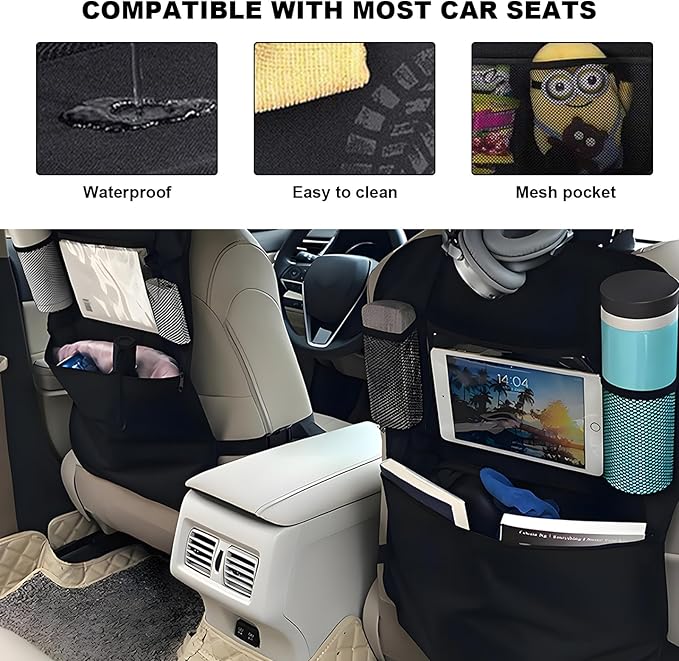 2PCS Car Backseat Organizer, Oxford Car Back Seat Protecter Kick Mat with Touch Screen Tablet Holder, Waterproof Automotive Seatback Storage Bag with Multi Functional Pockets (Zipper)