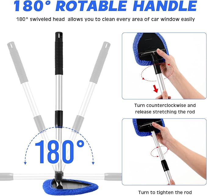 Baderke 9 Pcs Car Windshield Cleaner Tool Kit with with Extendable Handle, Microfiber Towel Pads, Sponge, Ventilation Brush, Empty Spray Bottle for Auto Glass Wiper Suvs Rvs & Home Windows(Blue)
