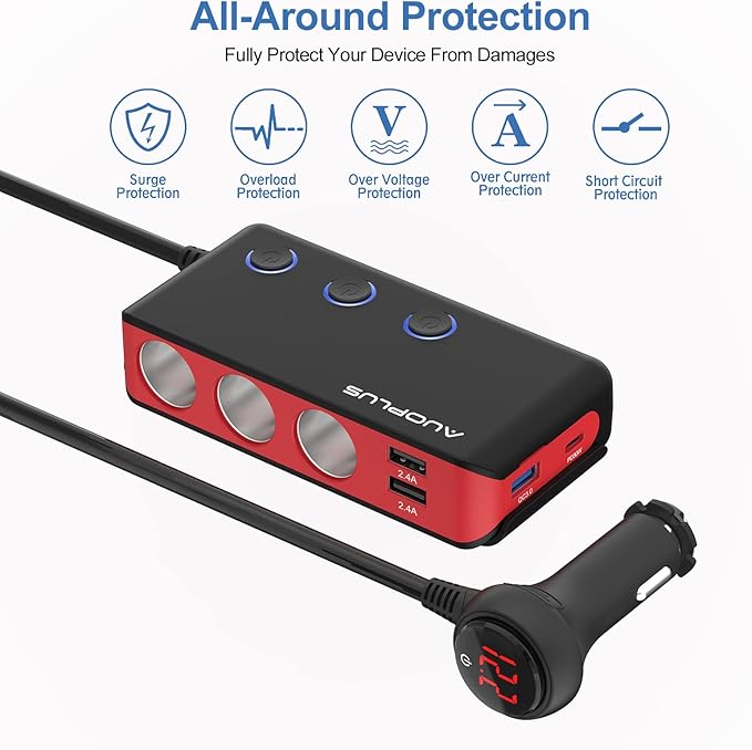 Car Cigarette Lighter Adapter, USB C Charger 30W and Quick Charge 3.0 Car Cigarette Lighter Splitter, 12V/24V Independent Switches, Fast Car USB Charger for All Car Devices, iPhone 14/13/12 pro