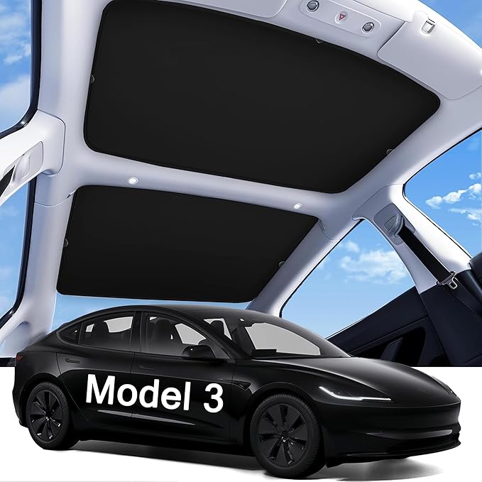 2026 Upgraded Tesla Model 3 Highland Sunshade Roof, UPF200+ Roof Sunshade with Storage Bag, No-Sag&No-Gaps Heat Insulation Foldable Roof Shade,Tesla Accessories for Highland 2024-2026,Black