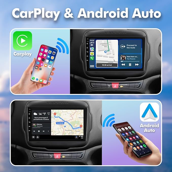 4Core+32G Android 14 Double Din Car Radio Stereo for Jeep Renegade 2015-2020 with 9" Touchscreen Radio Built-in Wireless Carplay/Android Auto/GPS/Bluetooth/FM/AUX-in/SWC/Camera