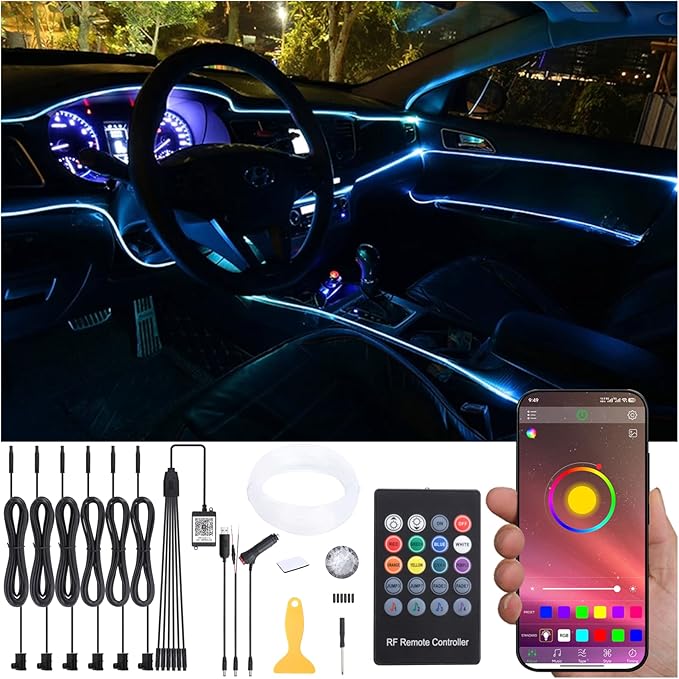 8 m Optic Fiber Car Ambient Lighting Kit Bluetooth App Control + RF Remote Control 64 Colors Multicoloured Music Interior Lighting Kit 12V 1W
