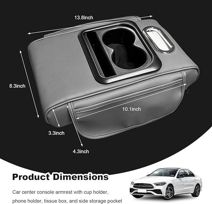 Car Center Console Armrest Pillow, Multifunctional Armrest Box Cover with Cup Phone Tissue Holder & Side Pockets, Waterproof Leather Middle Console Cushion for Most Vehicles (Gray, Normal)