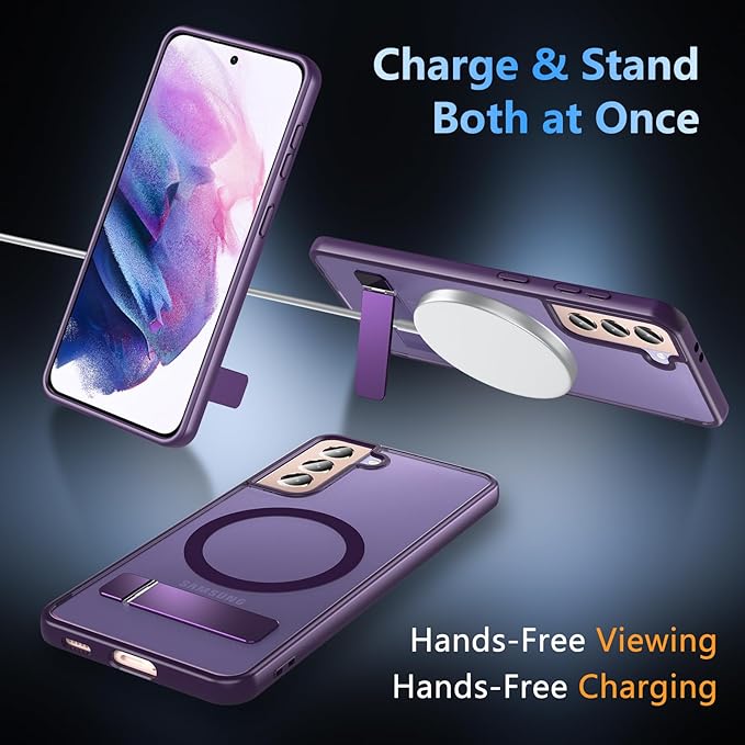 OWKEY for Samsung Galaxy S21 Case with Stand, Magnetic Shockproof Case Fit for Magsafe Translucent Matte Cover for Samsung S21, Purple