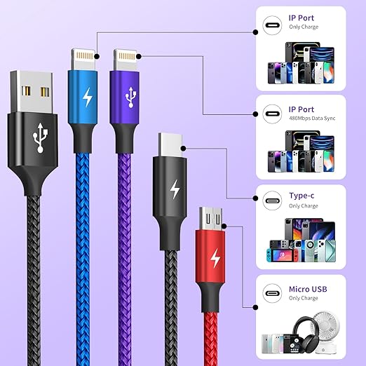 Multi Charging Cable [2Pack 5FT],Nylon Dual IP 4 in 1 Charging Cable, Multiple Charger Cord with IP/IP/Type C/Micro Port, Compatible with Most Cell Phones/Tablets and More