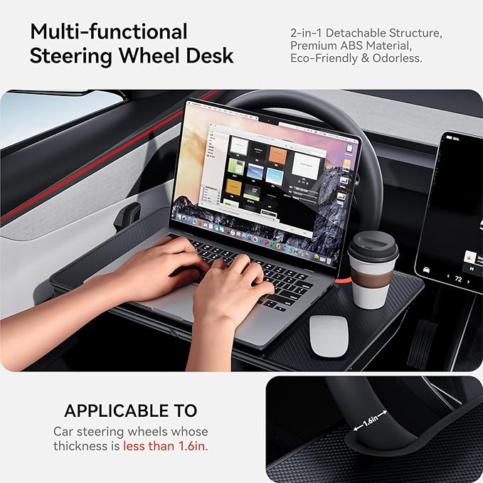 YONZEE 2-in-1 Car Steering Wheel Desk Tray & Car Seat Gap Filler Organizer – Foldable Carbon Fiber Look Table for Laptop, Eating, Writing – for Standard Round Steering Wheels