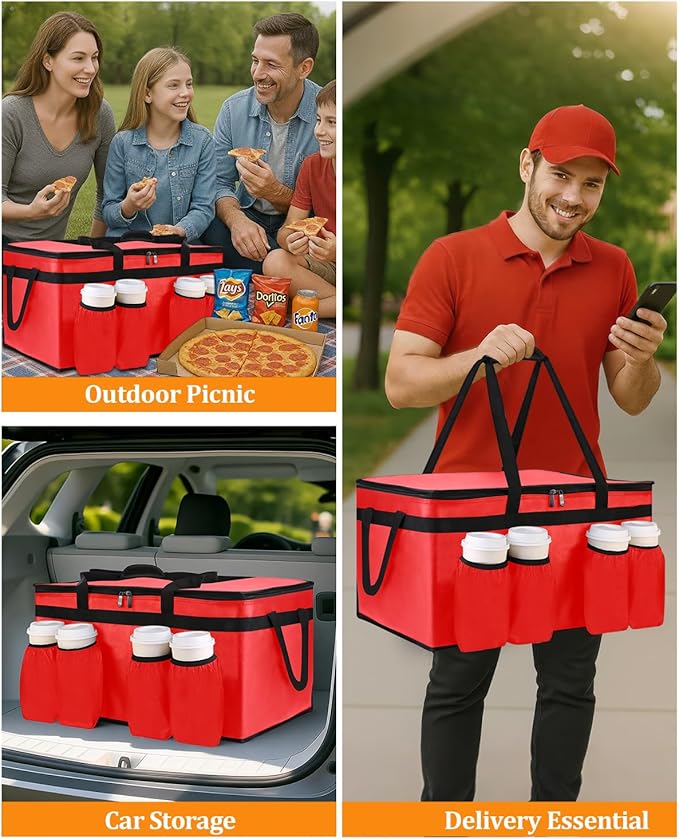 Bodaon Insulated Grocery Bags with 4 Cup Holders -Insulated Bags for Food Delivery with Zippered Top, Food Carrier for Catering, Pizza Bag and Cooler Bag for Takeout, Picnic, Shopping, Car Use
