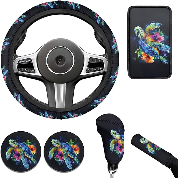 Sea Turtle Print Car Steering Wheel Cover Set for Men Women Colorful Turtle Cars Interior Decor Handbrake Cover Cup Coaster Fit for SUV Truck Vans