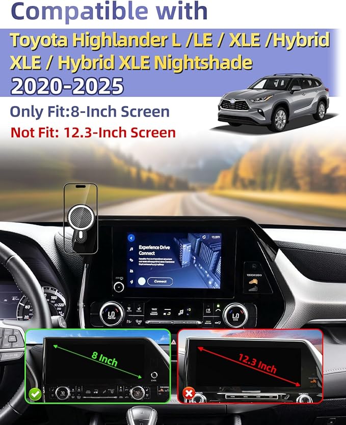 PZK Car Phone Mount for 2020-2025 2026 Toyota Highlander L/LE/Hybrid XLE/Nightshade Accessories 8-inch Screen Magnetic 15W Fast Wireless Charger Cell Phone Holder Not Affect Vent (Not fit 12.3 inch)