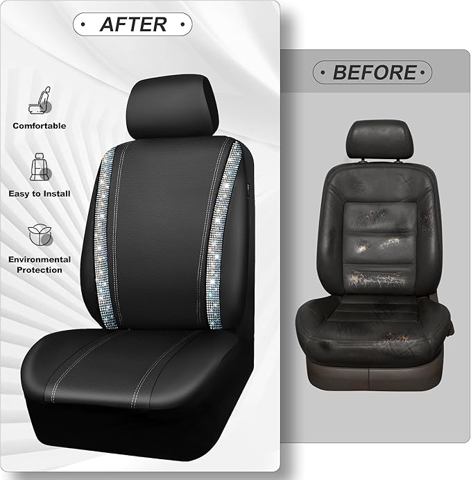 CAR PASS Bling Diamond Car Seat Cover Full Set, Shining Rhinestone Waterproof Leather, Rear with Zipper, Universal Fit 95% Automotive Glitter Sparkle Crystal for Cute Women Girl, Colorful Diamond