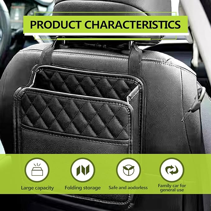 1Pack Car Seat Back Organizer, PU Leather Hanging Organizer, Multipurpose Storage Bag for Small Items, Waterproof Easy To Clean Car Accessories, for Car SUV Truck (Black)