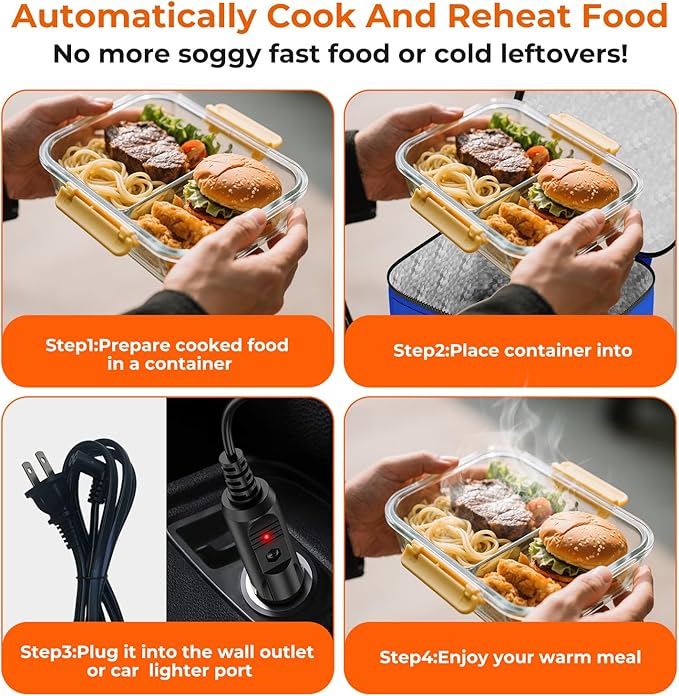 Portable Electric Lunch Box Food Heater,12V/24V/110V Food Warmer Lunch Box, Mini Portable Oven Car Food Warmer, Heated Lunch Bag for Adults Office Travel Work Truck Meal Reheating, Blue
