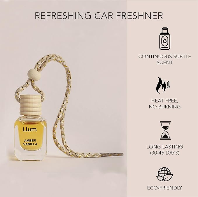 Llum Amber Vanilla Hanging Car Air Freshener – Luxury Automotive Perfume Diffuser 10ml (0.34 fl oz), Long-Lasting Fragrance, Alcohol-Free Non-Toxic Car Scent, Glass Bottle With Wood Cap & AC Vent Clip