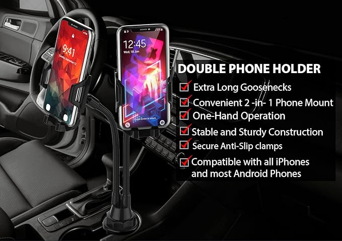 Double Phone Holder for Car Cup Holder – Extra Long and Flexible Neck, 360° Rotatable Cradle Car Phone Mount - Adjustable Cell Cup Holder, Universal Size Fits 2 iPhone, Samsung, GPS