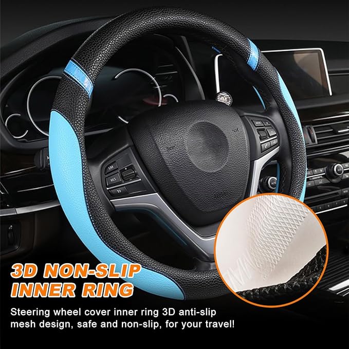 Car Steering Wheel Cover, Non-Slip Leather Auto Steering Wheel Protector, Comfortable Steering Wheel Cover Protector for Most Cars, Universal Interior Car Accessories (Blue)