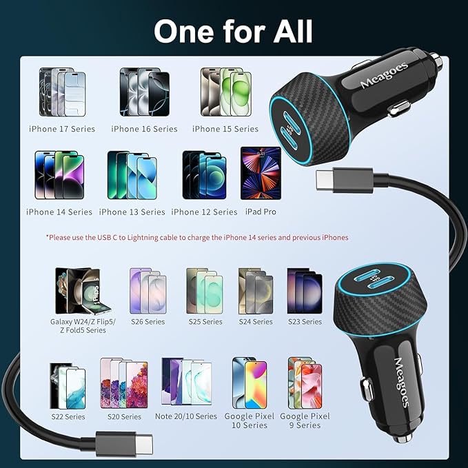 2 Pack 90W USB C Car Charger Super Fast Charging for iPhone 17 Pro Max/Air/16/15/iPad, Samsung S26 Android Phone, Dual 45W PD Port Auto Accessories, 12V Cigarette Lighter Adapter + 3.3 ft Type C Cord