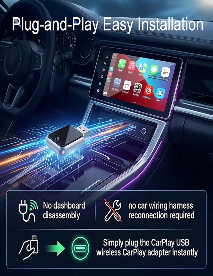 2026 Upgraded USB Wireless CarPlay Adapter for iPhone, Bluetooth 5.8 and Wi-Fi 6, Automatic & Zero-Delay Connection, Android auto Carplay Wireless Adapter for Android and iOS Systems. (Dark Gray)