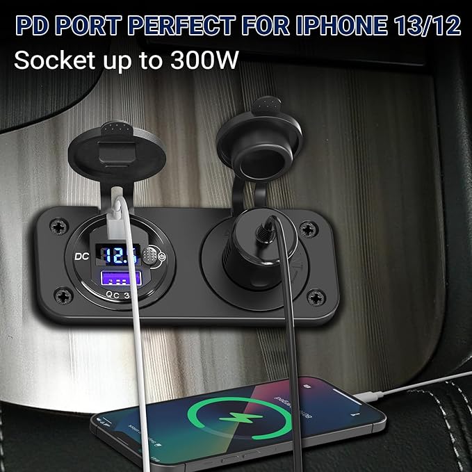 Cigarette Lighter Socket 12 Volt USB Outlet: PD 20W C and QC3.0 Car Port Aluminum Metal 12V Plug, 150W Charger Panel with Power Switch LED Voltmeter for Marine Boat RV Golf Cart