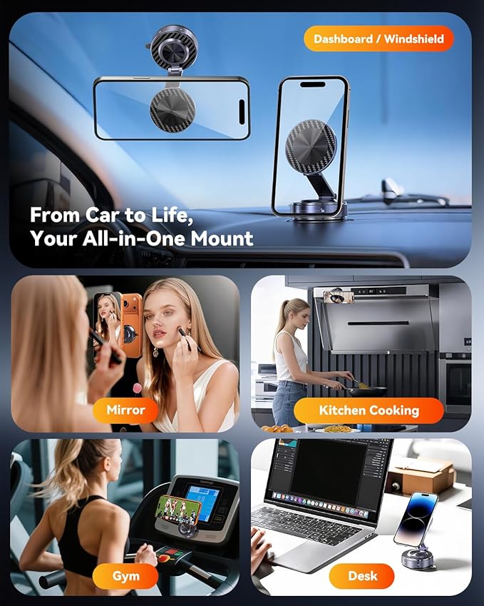 Vacuum Magnetic Car Phone Holder 360° Strongest 120LBS Ultra Suction Cup Phone Mount for MagSafe Dashboard Cell Phone Holders for Your Car/Gym/Mirror Bracket for iPhone 17 & Android, Metal Stand Rotor