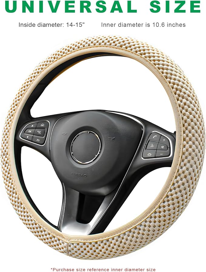 Elastic Steering Wheel Cover, 15"×15" Breathable Ice Silk Steering Wheel Protector, Universal Auto Wheel Wrap Anti-Slip Soft Cover for Ultimate Comfort, Car Accessories (Beige)