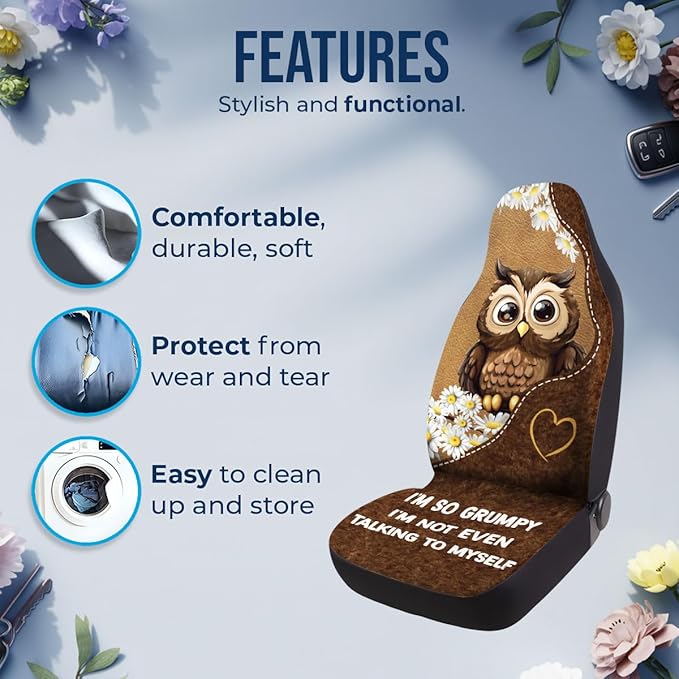 GENANY Cute Owl Car Seat Covers Set of 2, Breathable Front Seat Covers for Truck Sedan SUV, Funny Car Accessories, Owl Gift for Women
