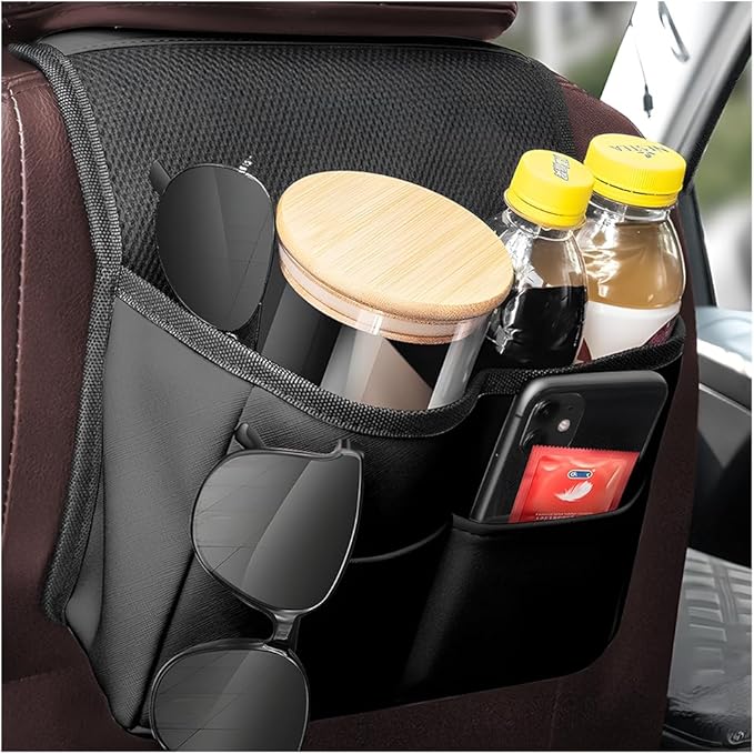 Car Seat Back Organizer, Multipurpose Leather Vehicle Backseat Hanging Bag Holder with Pockets, Large Capacity Automotive Interior Storage Box Accessories, Universal Fit (Black)