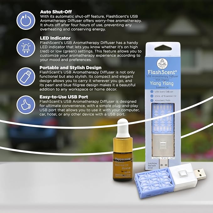 Belle Aroma® FlashScent™ USB Aromatherapy Bundle - for Car, Office, Home, and Travel - Includes 1 Serenity Blue Ylang Ylang Oil Diffuser Kit, 1 Lavender FlashScent Essential Oil, and 7 Refill Pads