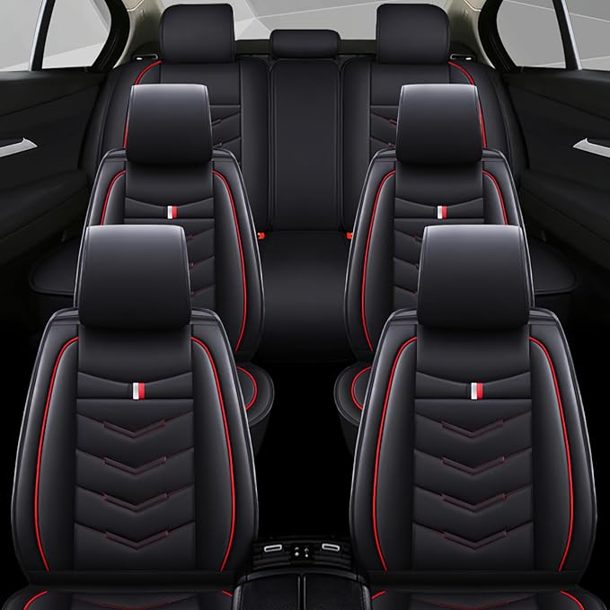 Car Seat Covers 7 Seats for Ford Explorer 2000-2025, Waterproof Durable Compatible Airbag, Premium Leather Seat Protector(7 Seats Standard,Black Red)