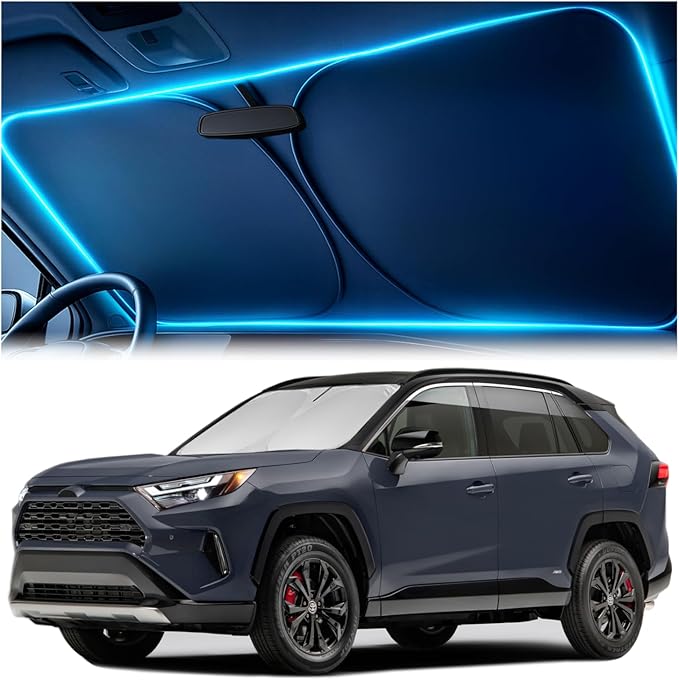 Windshield Sun Shade for Toyota RAV4 2019 2020 2021 2022 2023 2024 2025 – Custom Fit Sun Shield with Mirror Cut‑Out, Blocks Heat & UV, Foldable with Storage Pouch - Toyota RAV4 Windshield Sunshade