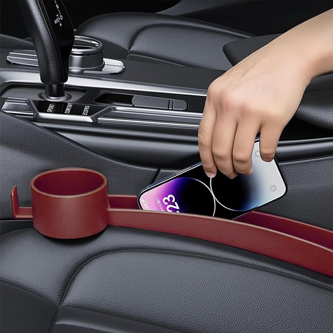 2PCS Car Seat Gap Filler, Soft Carbon Fiber Vehicle Between Seat and Console Organizer with Cup Holder, Prevent Falling Automotive Interior Chair Gap Plug, Universal Fit (Red)