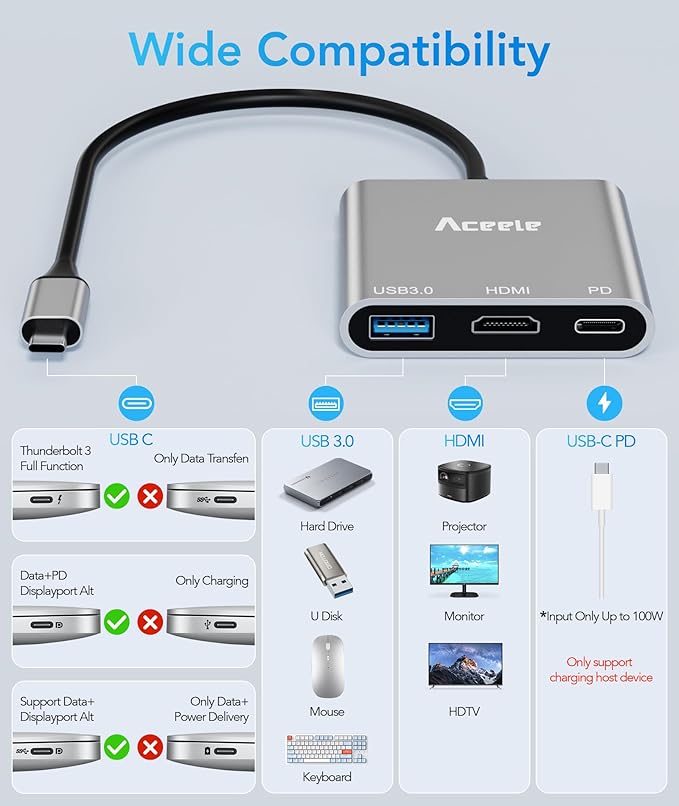 Aceele USB C to HDMI Adapter, USB C Hub with 100W PD 2.0, USB-A 3.0 Data Port, 4K HDMI Output Port, Type C Multiport AV Converter for MacBook Pro/Air, iPad, Tablets, Switch, TV, Monitor and More