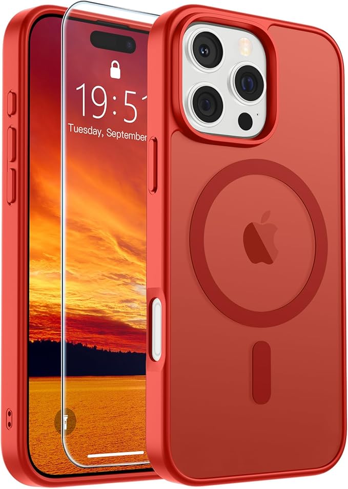 SUPFINE Magnetic for iPhone 16 Pro Max Case (Compatible with MagSafe) (Military Grade Drop Protection) Slim Translucent Matte Shockproof with Anti-Fingerprint Phone Case,Red